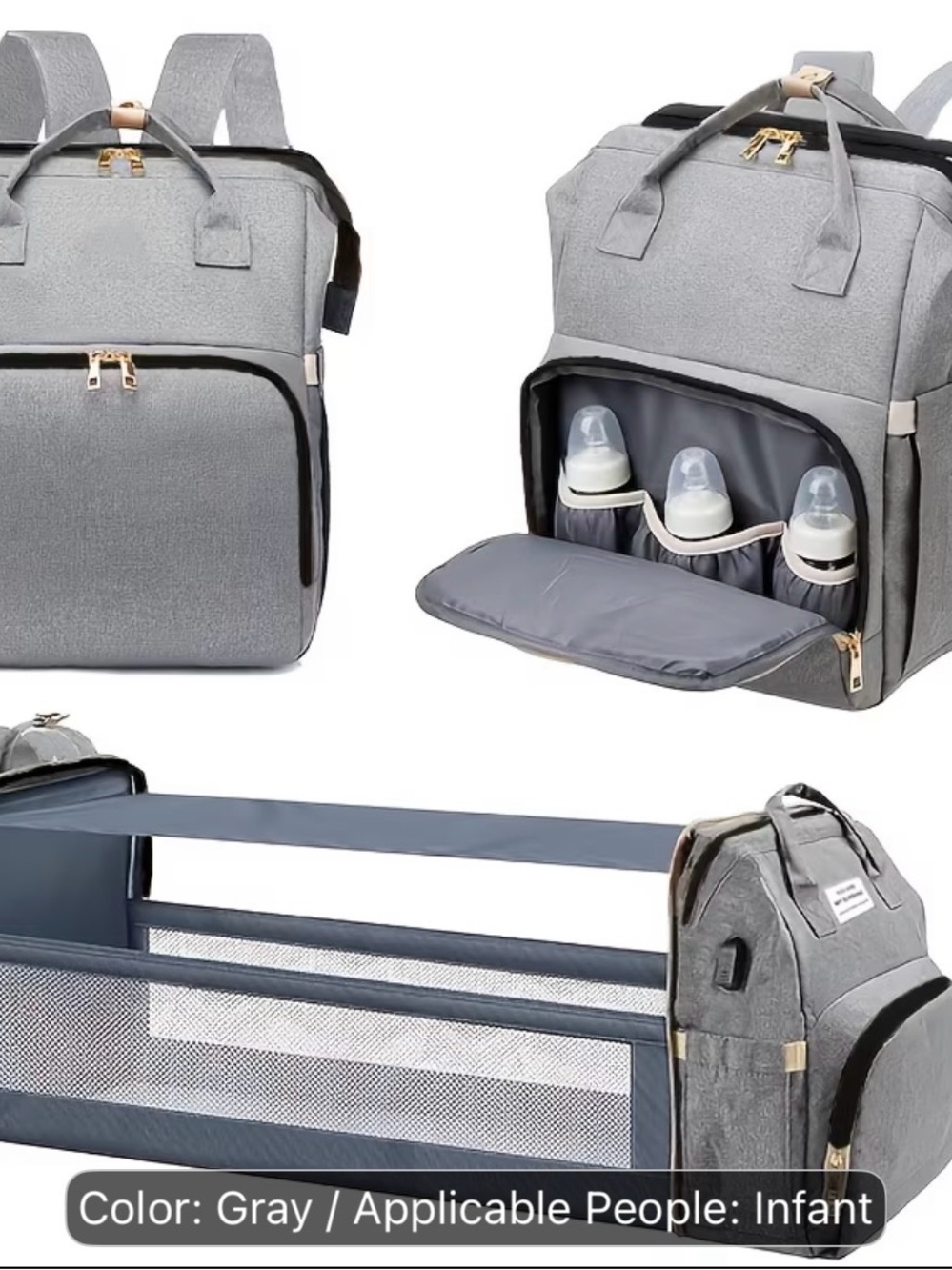Gray Convertible Diaper Backpack with Bottle Pockets